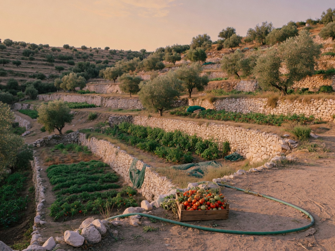 Terraced olive groves and a crate of tomatoes on dry soil.